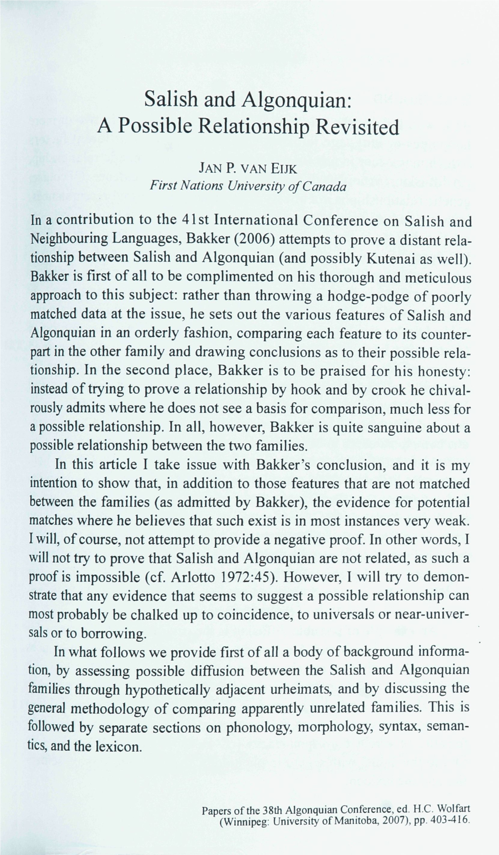 Salish and Algonquian: a Possible Relationship Revisited