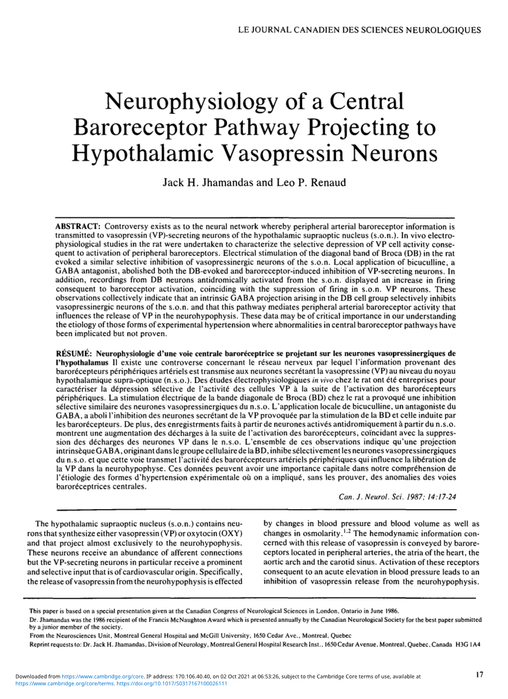 Neurophysiology of a Central Baroreceptor Pathway Projecting to Hypothalamic Vasopressin Neurons Jack H