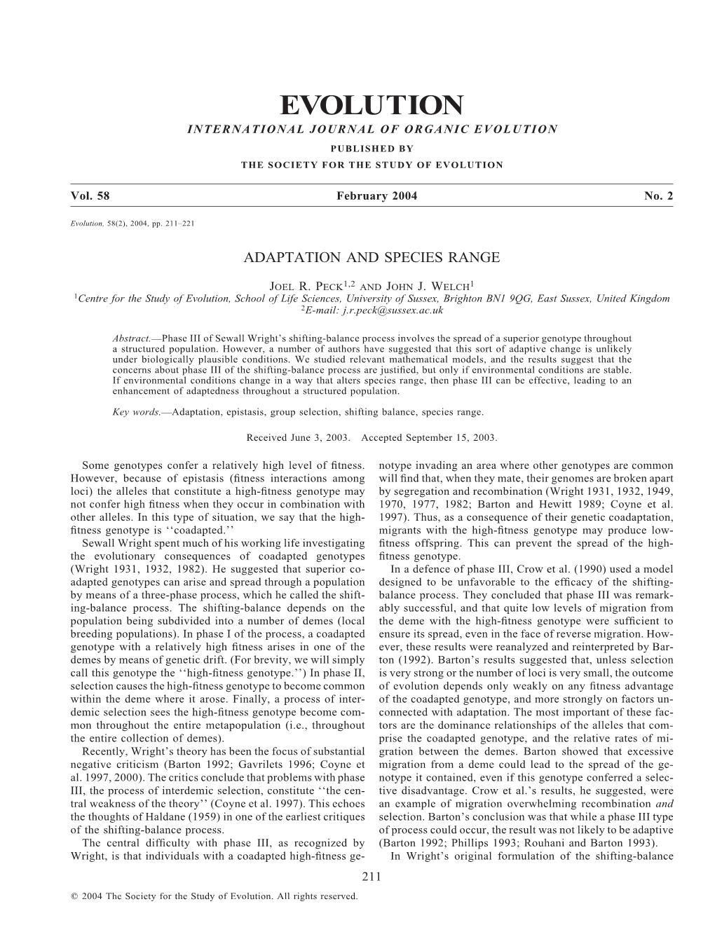 Evolution International Journal of Organic Evolution Published by the Society for the Study of Evolution