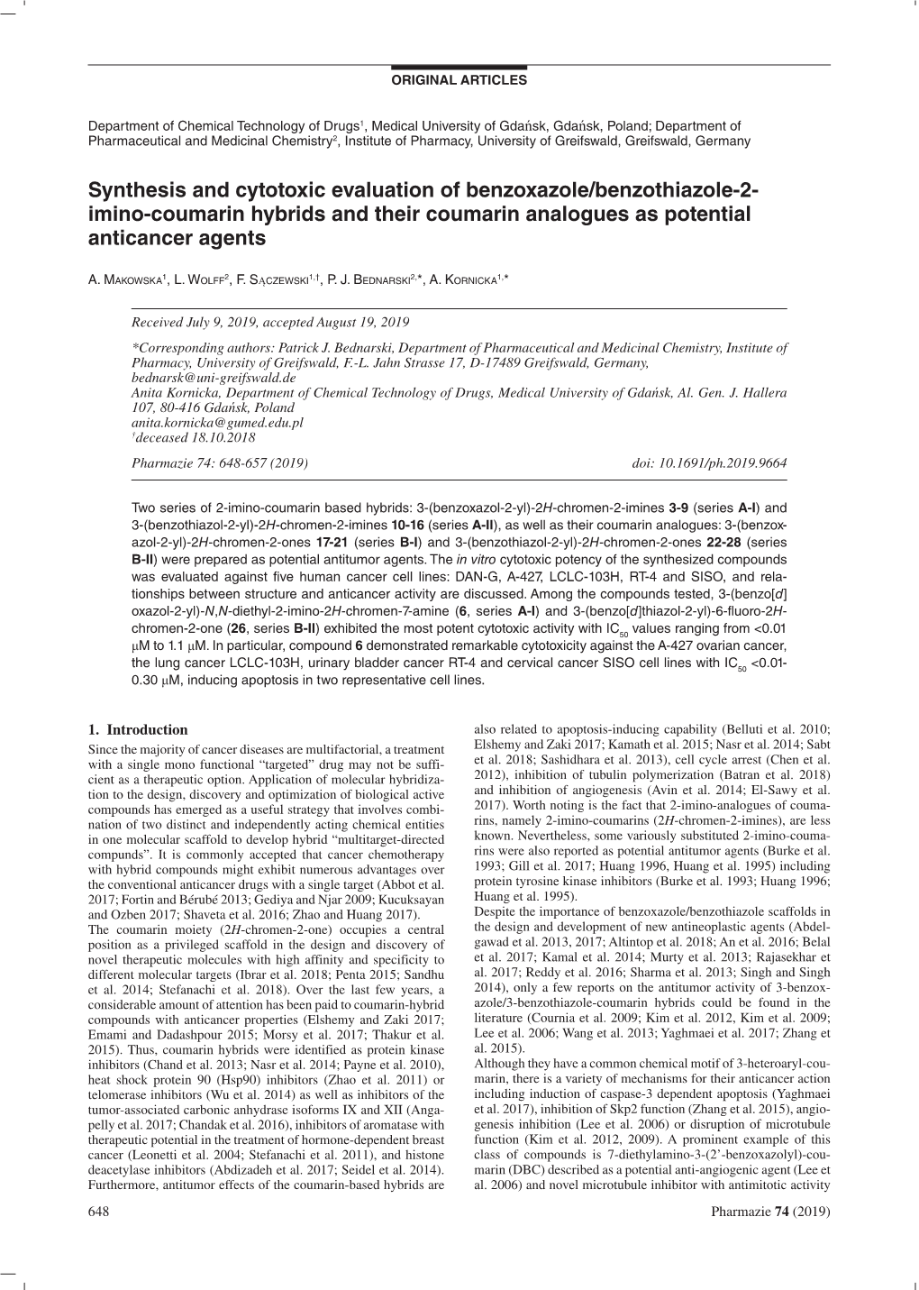 Synthesis and Cytotoxic Evaluation of Benzoxazole/Benzothiazole-2-Imino-Coumarin Hybrids and Their Coumarin Analogues As Potenti