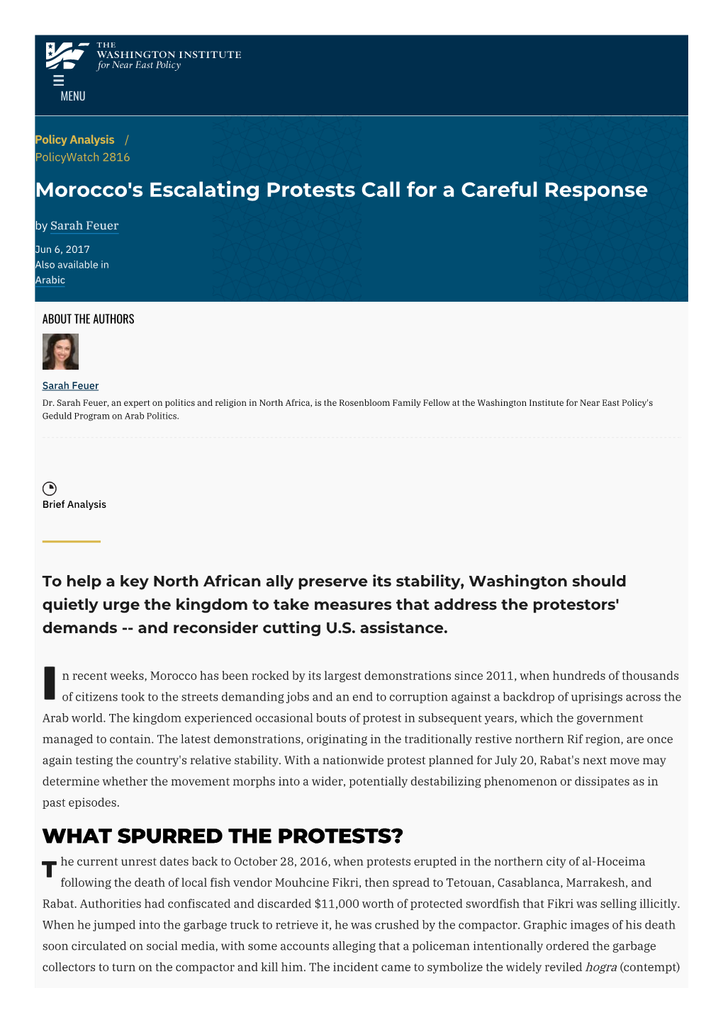 Morocco's Escalating Protests Call for a Careful Response by Sarah Feuer