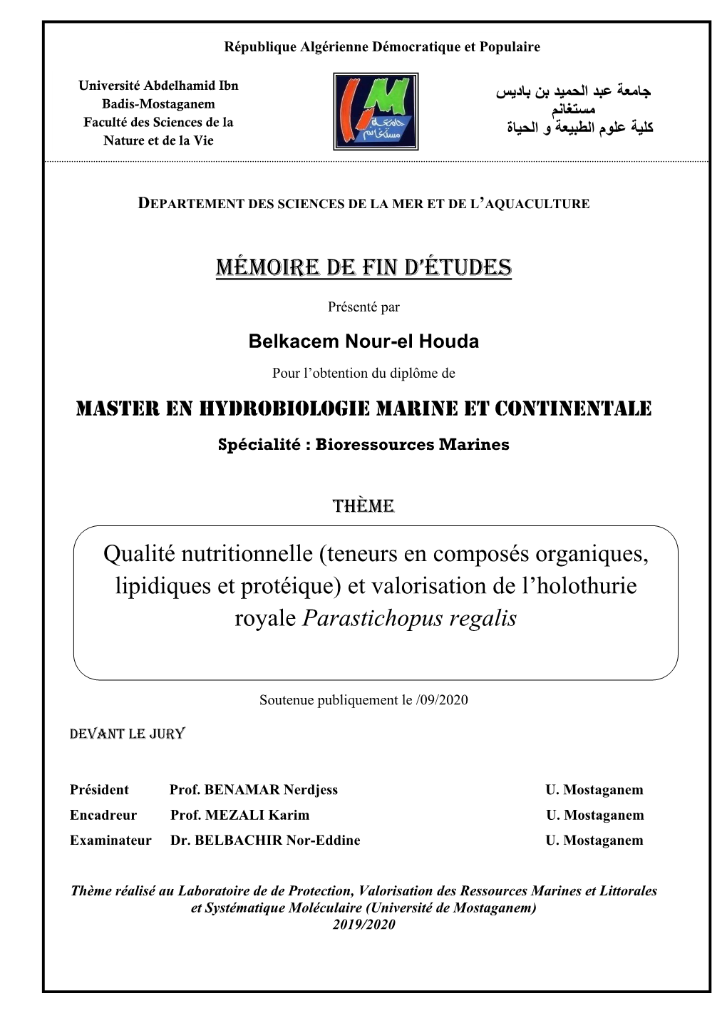 Mémoire De Fin D'études Qualité Nutritionnelle