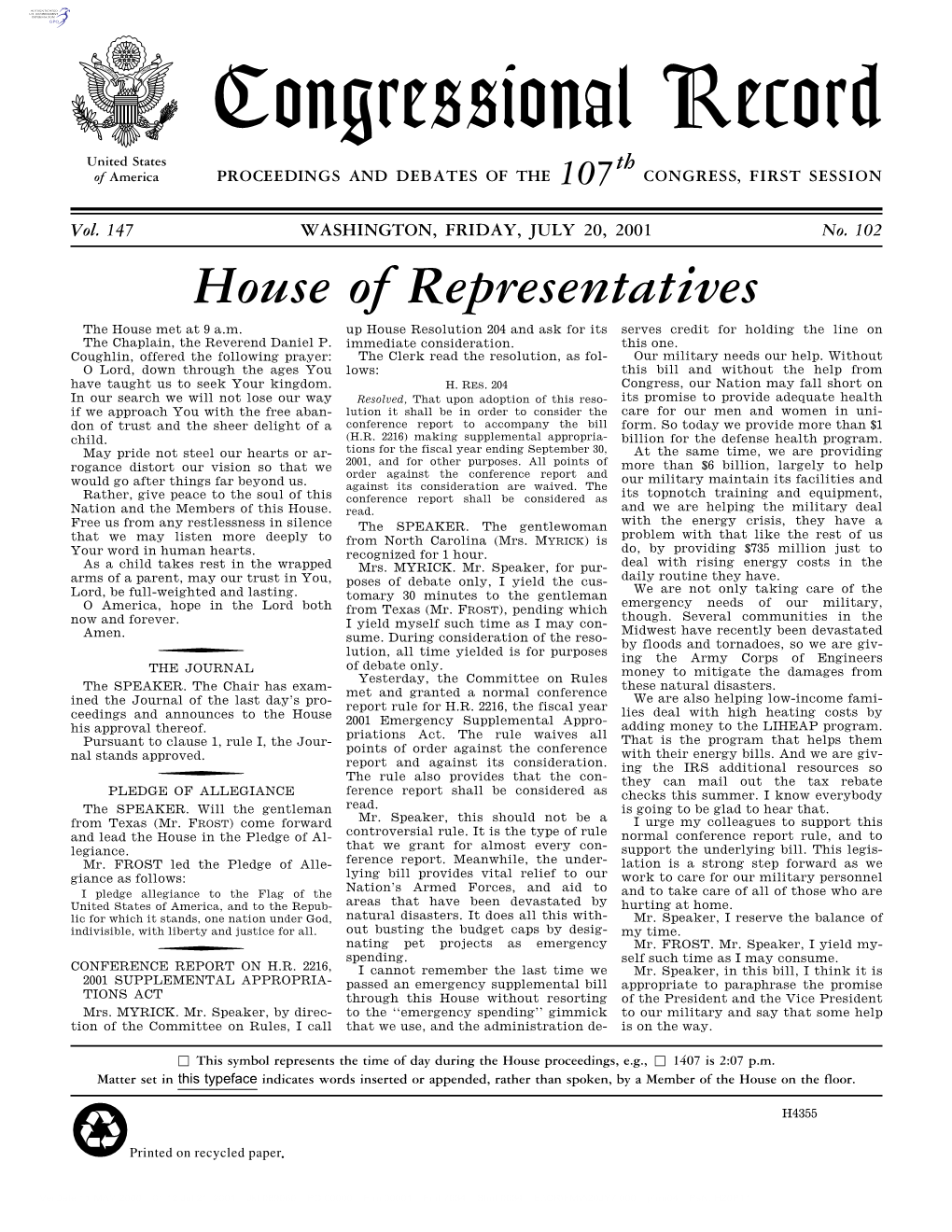 Congressional Record United States Th of America PROCEEDINGS and DEBATES of the 107 CONGRESS, FIRST SESSION