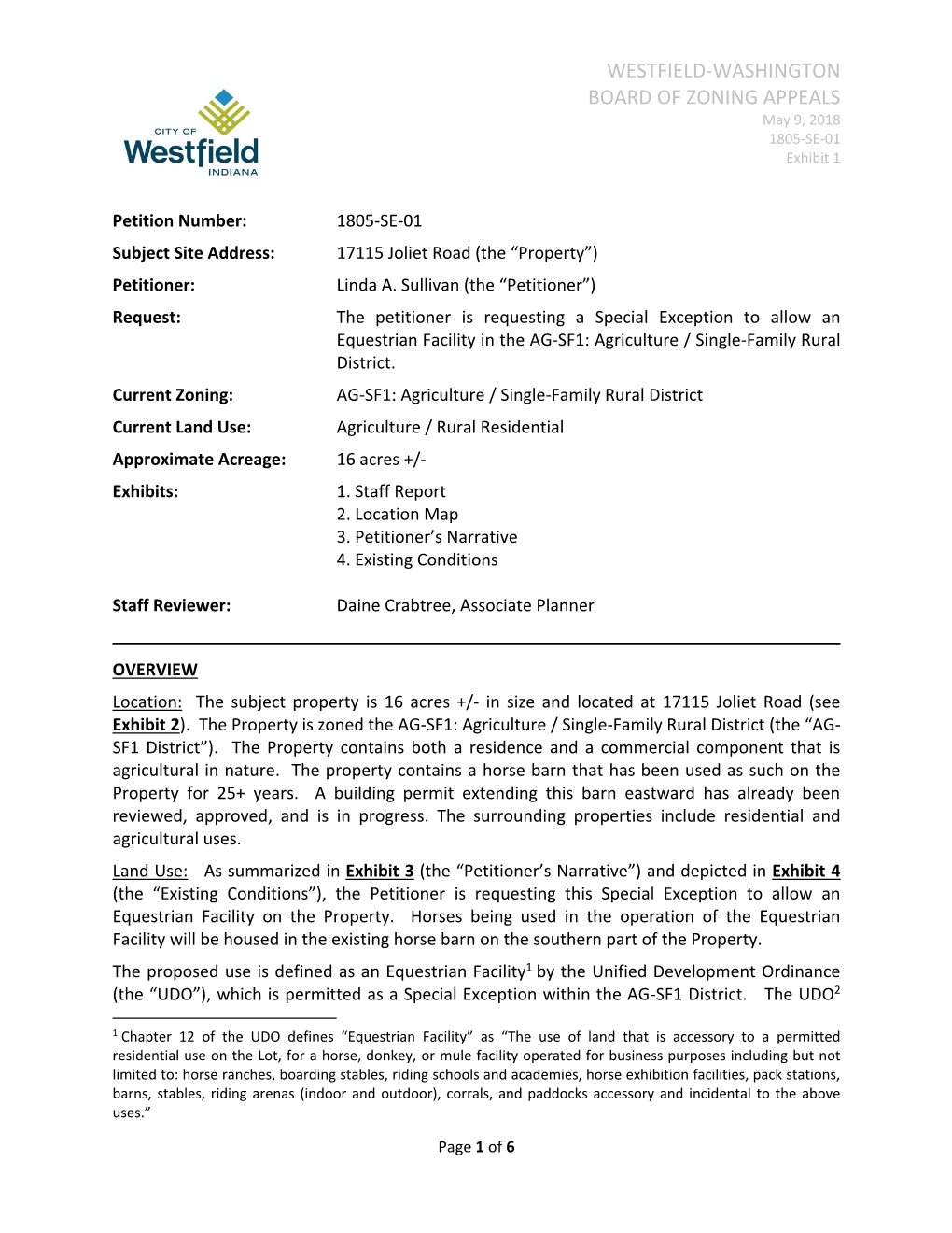 WESTFIELD-WASHINGTON BOARD of ZONING APPEALS May 9, 2018 1805-SE-01 Exhibit 1