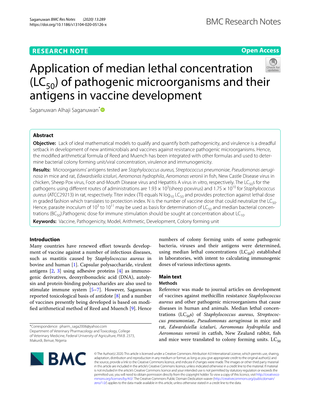 (LC50) of Pathogenic Microorganisms and Their Antigens in Vaccine Development Saganuwan Alhaji Saganuwan*