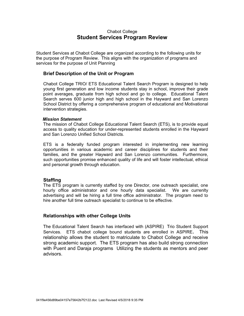 Student Services Program Review