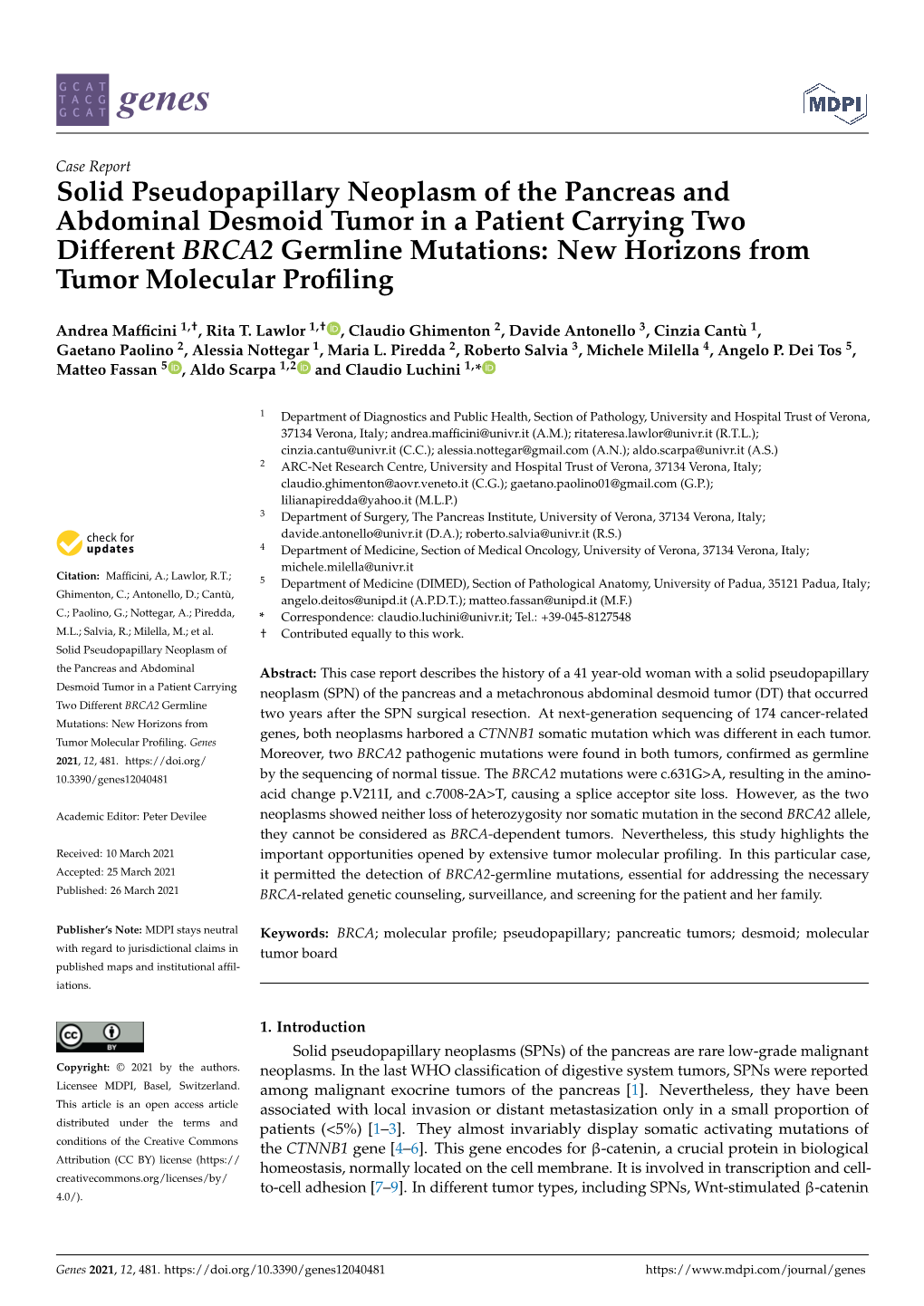 Solid Pseudopapillary Neoplasm of the Pancreas and Abdominal Desmoid Tumor in a Patient Carrying Two Different BRCA2 Germline Mu