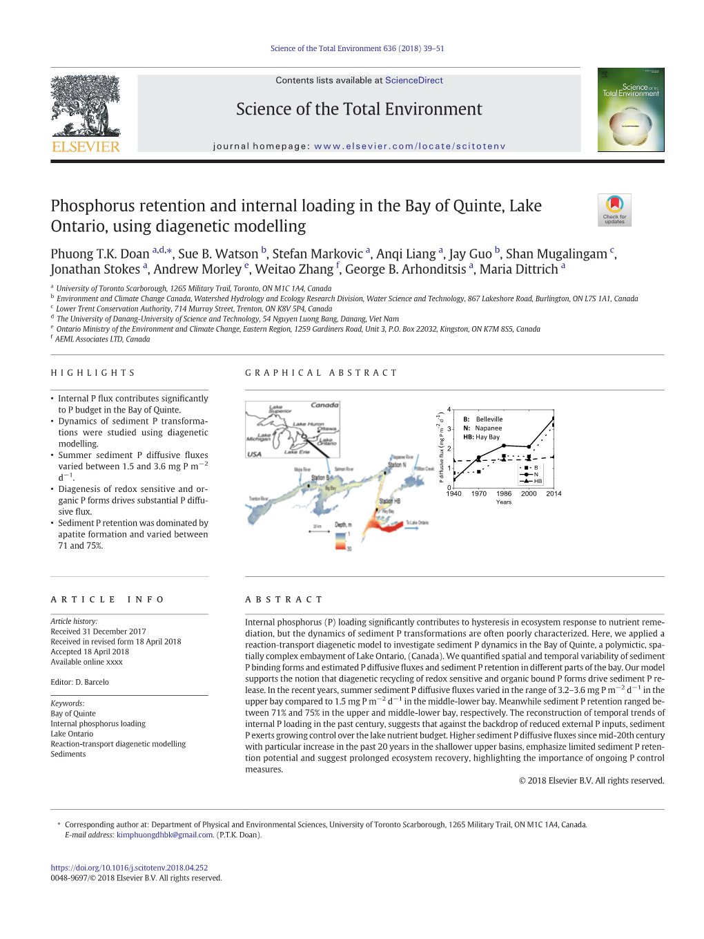 Phosphorus Retention and Internal Loading in the Bay of Quinte, Lake Ontario, Using Diagenetic Modelling