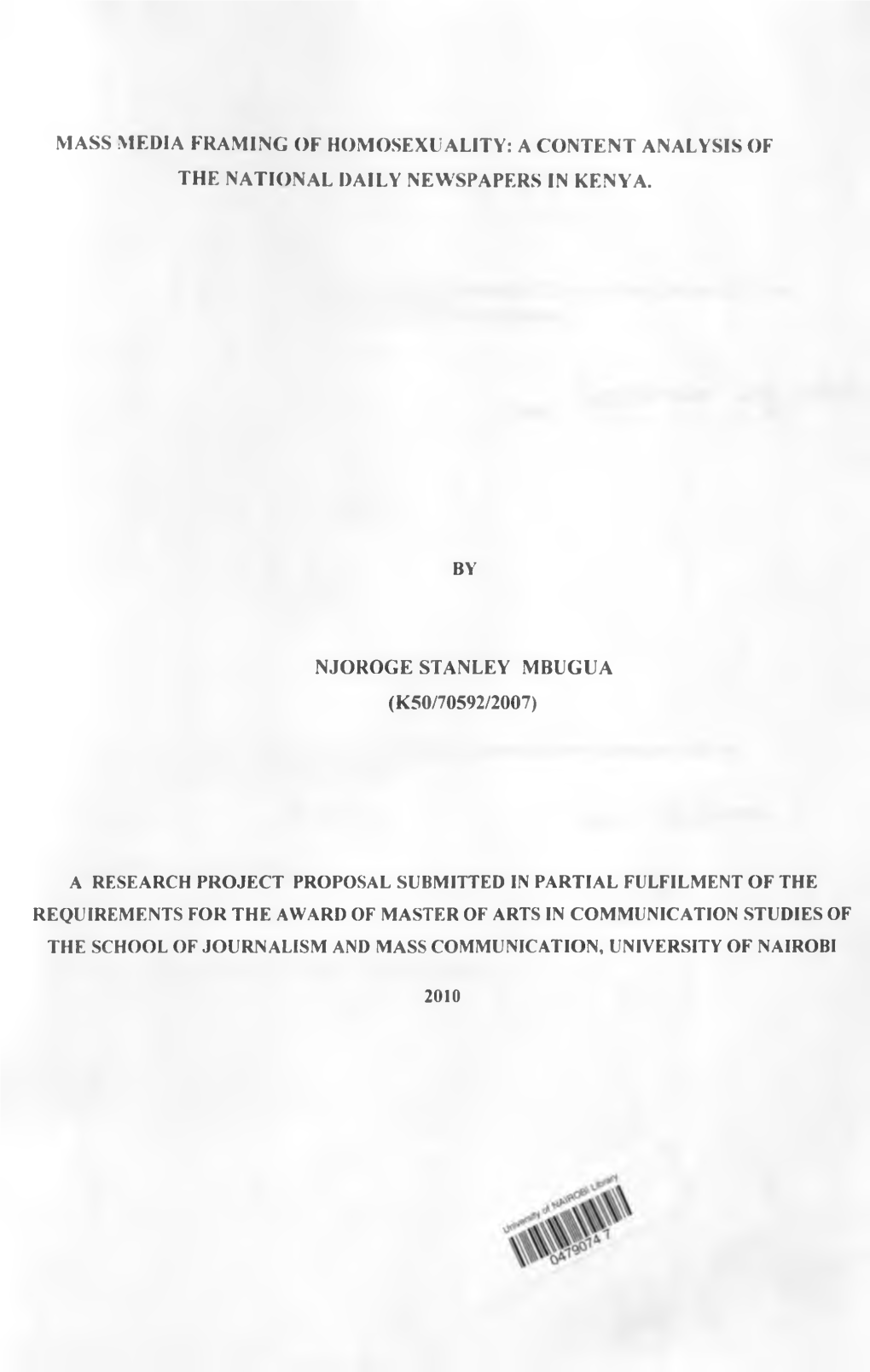 Mass Media Framing of Homosexuality: a Content Analysis Ok the National Daily Newspapers in Kenya