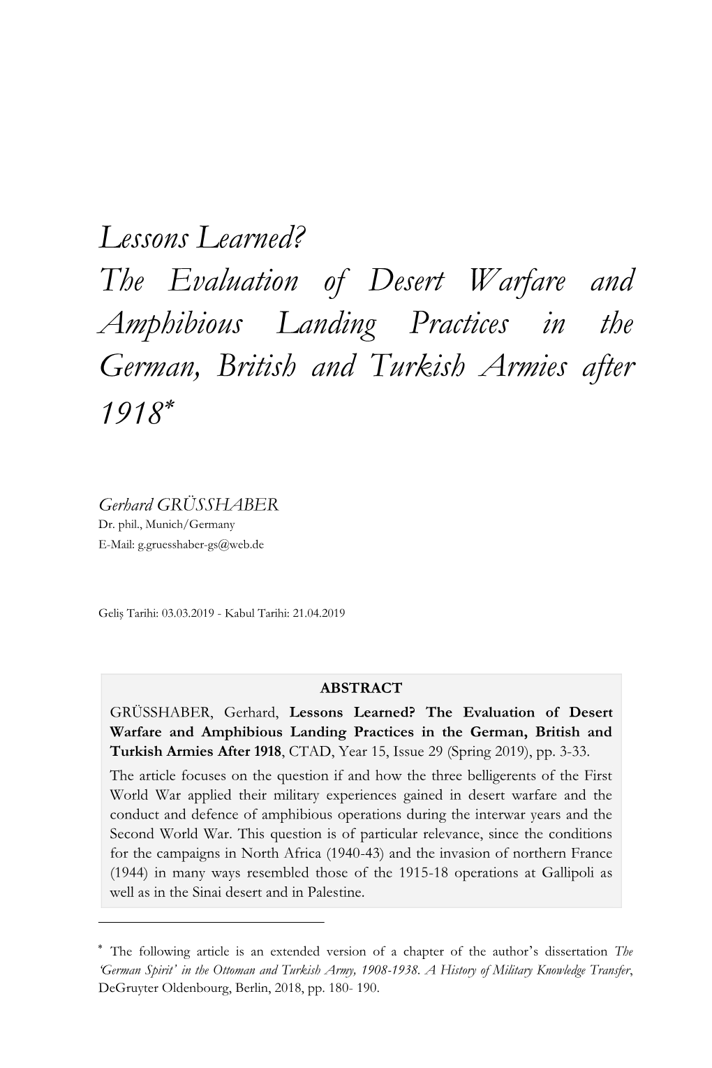 Lessons Learned? the Evaluation of Desert Warfare and Amphibious Landing Practices in the German, British and Turkish Armies After 1918