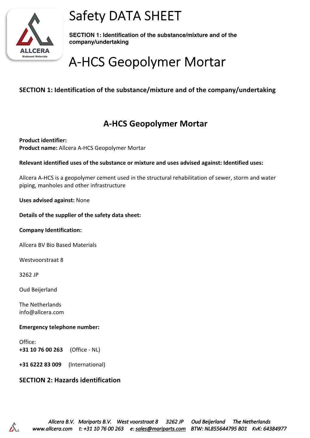 Safety DATA SHEET A-HCS Geopolymer Mortar