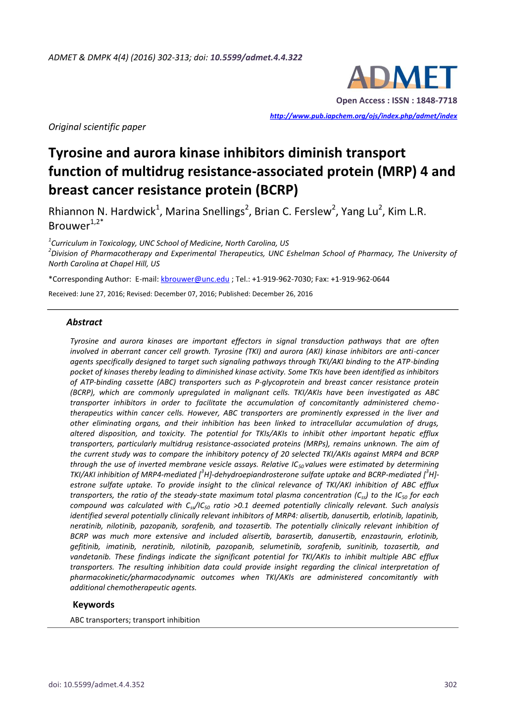 Tyrosine and Aurora Kinase Inhibitors Diminish Transport Function of Multidrug Resistance-Associated Protein