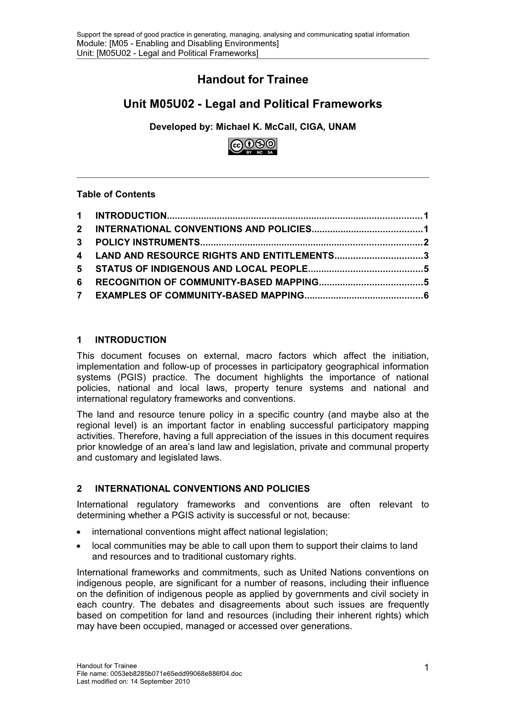 Handout for Trainee - Legal and Political Frameworks