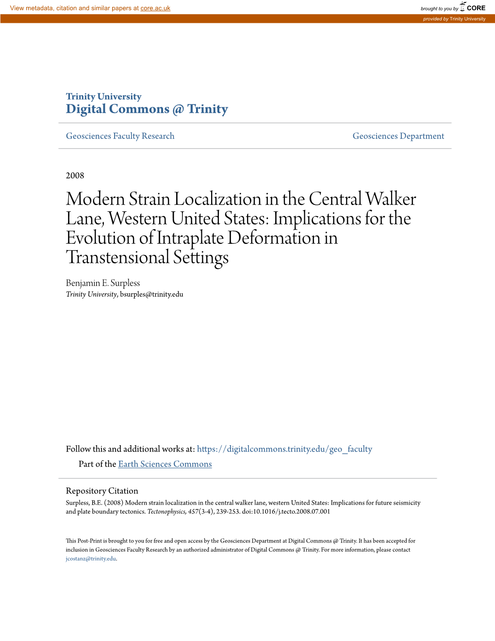 Modern Strain Localization in the Central Walker Lane, Western United States