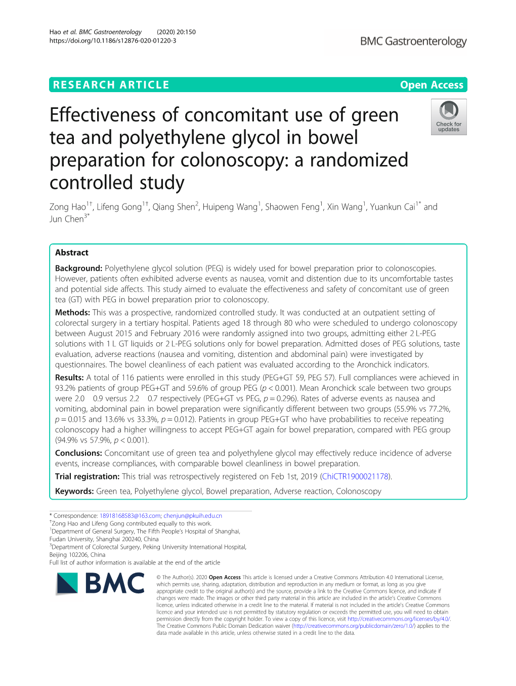 Effectiveness of Concomitant Use of Green Tea and Polyethylene Glycol in Bowel Preparation for Colonoscopy