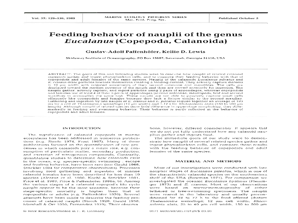 Feeding Behavior of Nauplii of the Genus Eucalanus (Copepoda, Calanoida)