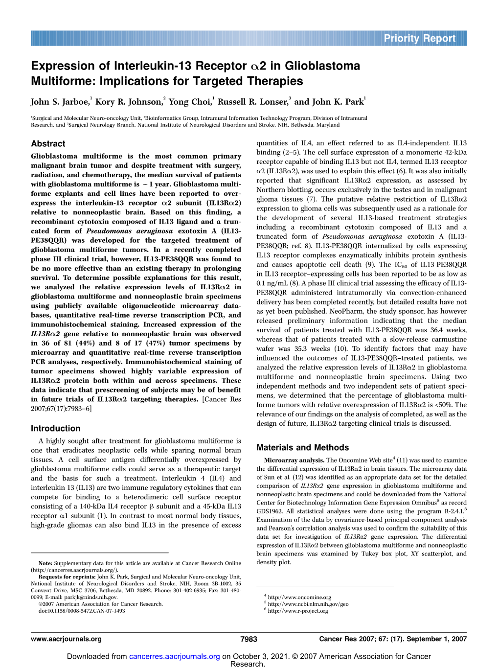 Expression of Interleukin-13 Receptor A2 in Glioblastoma Multiforme: Implications for Targeted Therapies