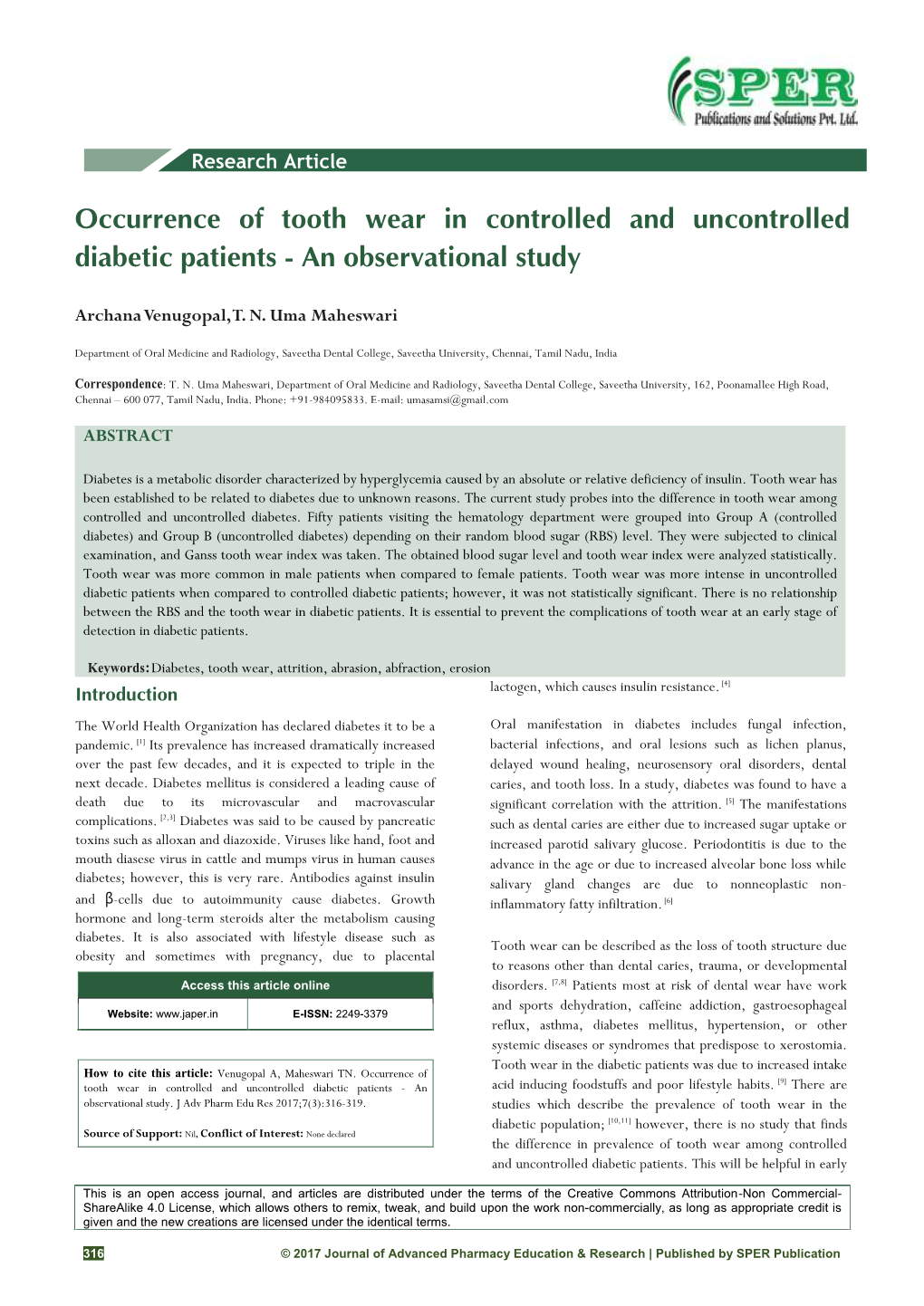 Occurrence of Tooth Wear in Controlled and Uncontrolled Diabetic Patients - an Observational Study