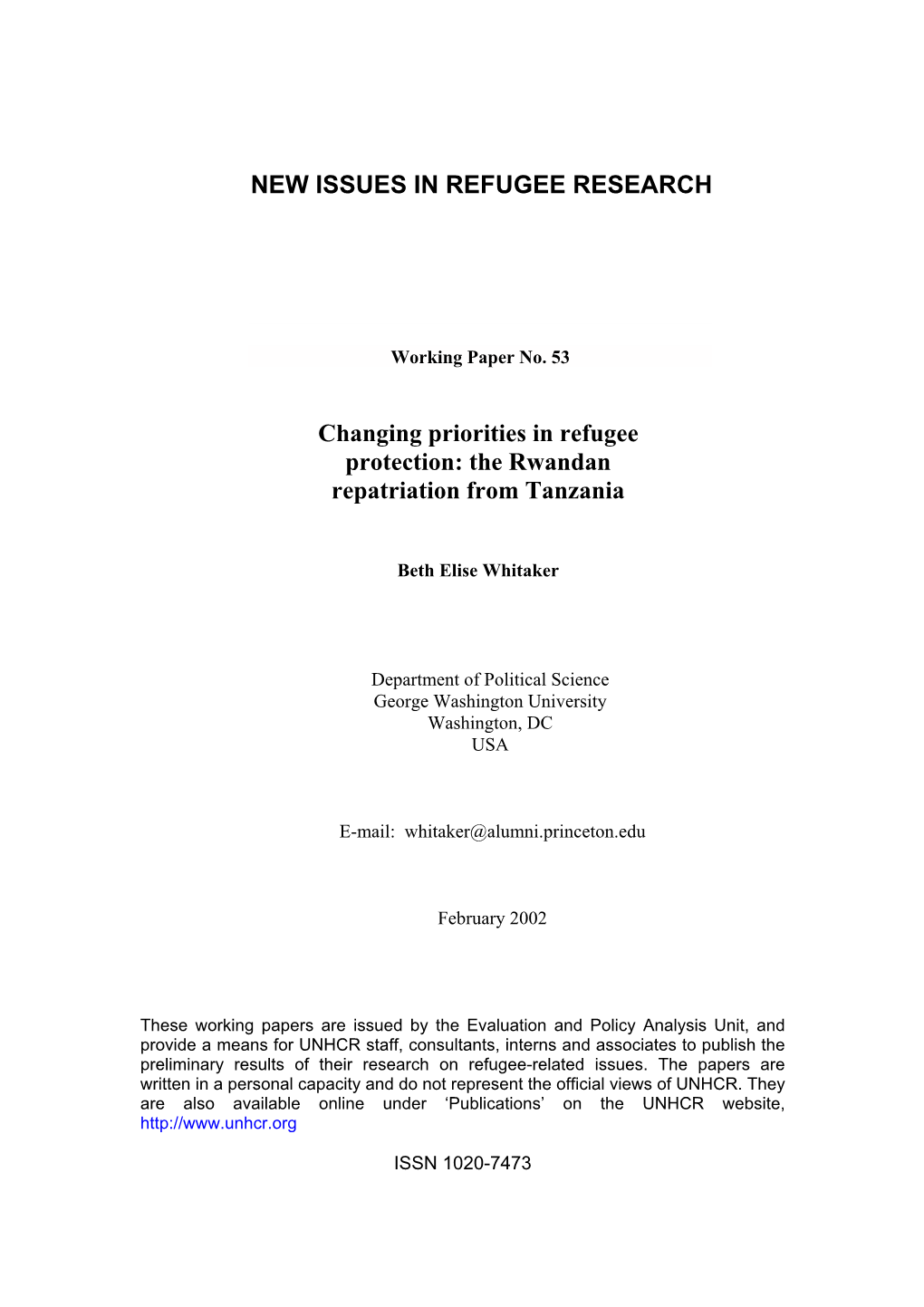 Changing Priorities in Refugee Protection: the Rwandan Repatriation from Tanzania