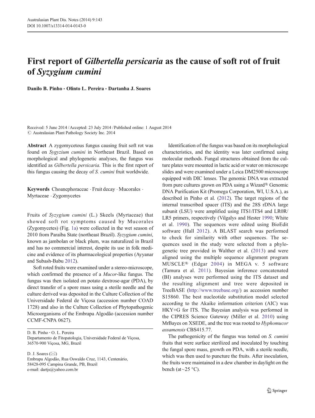 First Report of Gilbertella Persicaria As the Cause of Soft Rot of Fruit of Syzygium Cumini