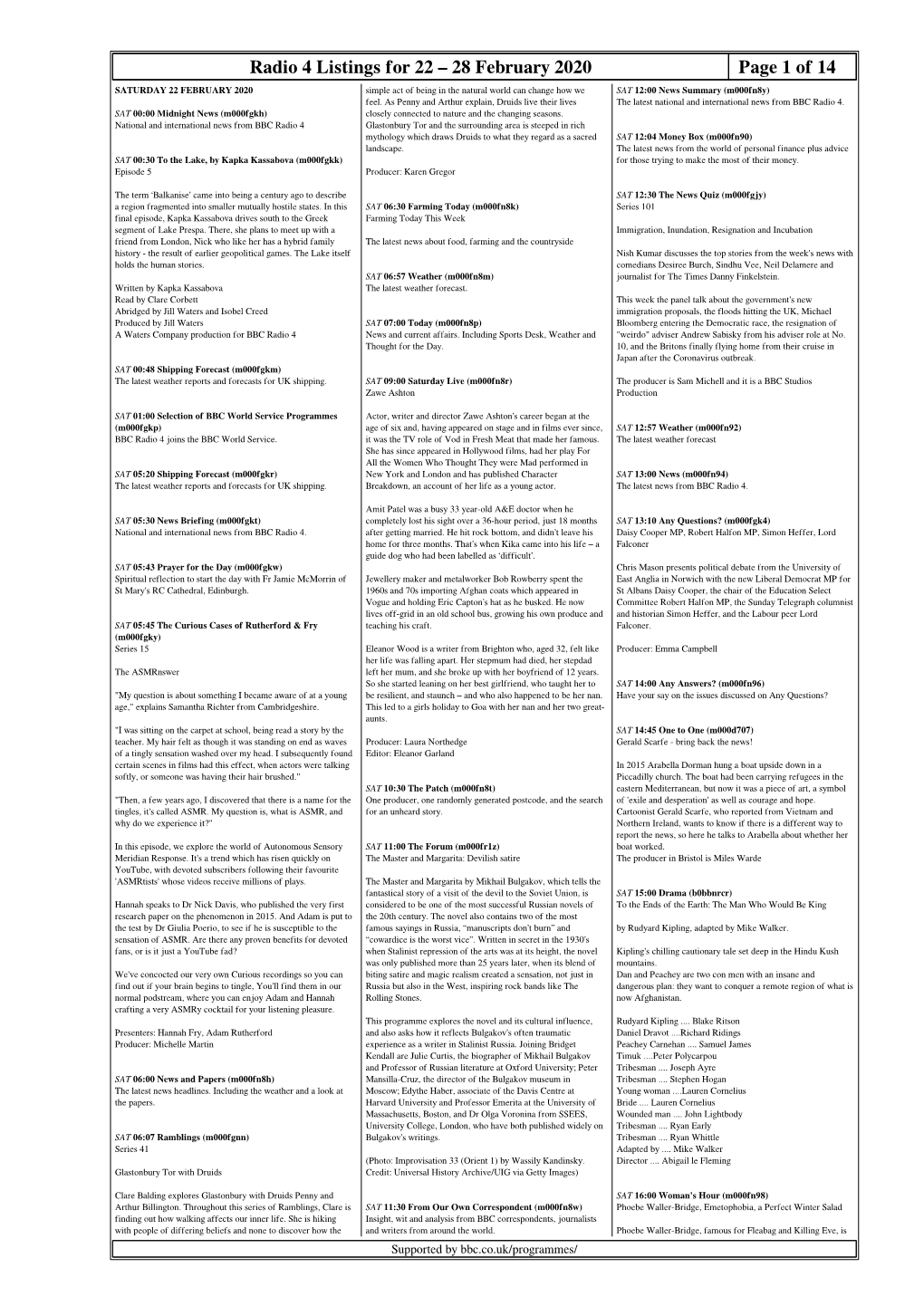 28 February 2020 Page 1 of 14 SATURDAY 22 FEBRUARY 2020 Simple Act of Being in the Natural World Can Change How We SAT 12:00 News Summary (M000fn8y) Feel