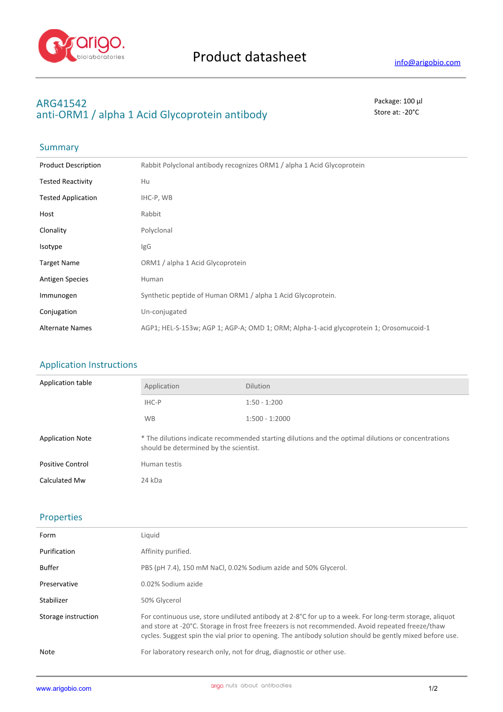 Anti-ORM1 / Alpha 1 Acid Glycoprotein Antibody (ARG41542)