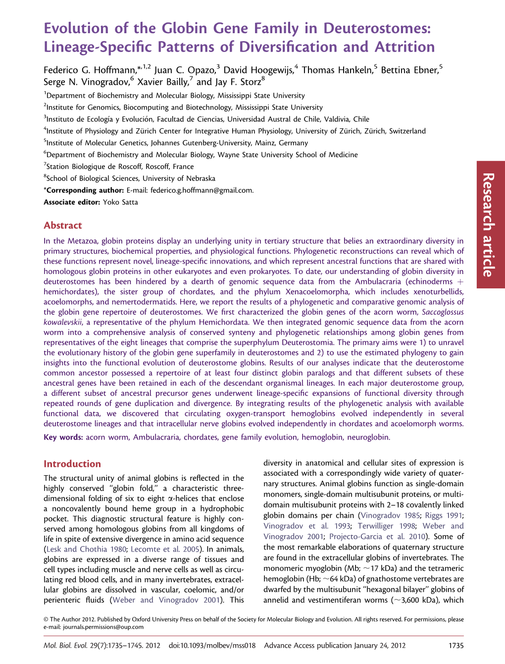 Evolution of the Globin Gene Family in Deuterostomes: Lineage-Specific