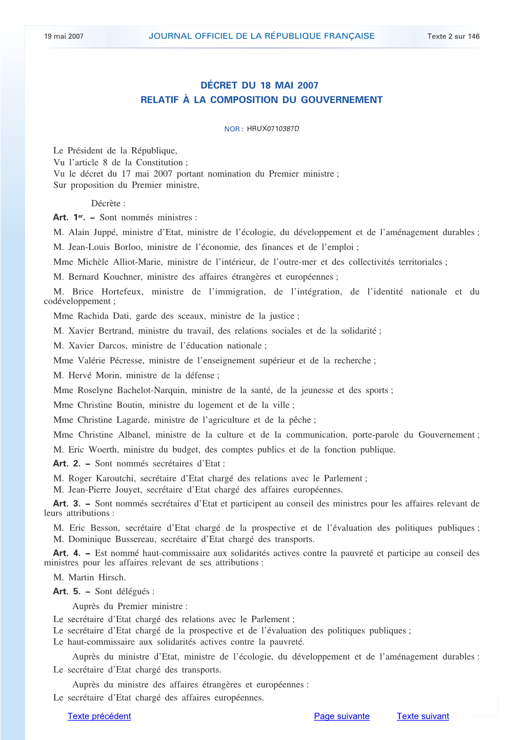 Décret Du 18 Mai 2007 Relatif À La Composition Du Gouvernement