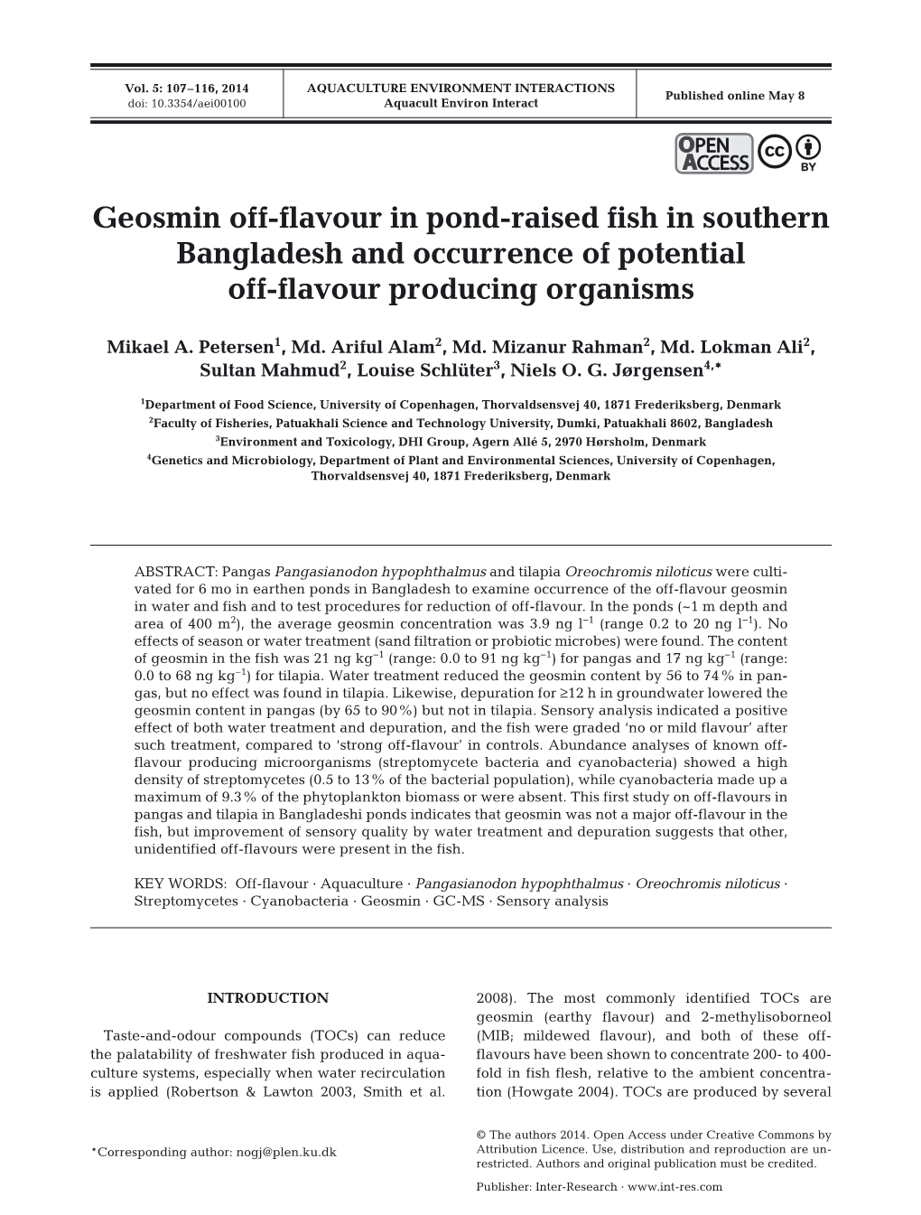 Geosmin Off-Flavour in Pond-Raised Fish in Southern Bangladesh and Occurrence of Potential Off-Flavour Producing Organisms