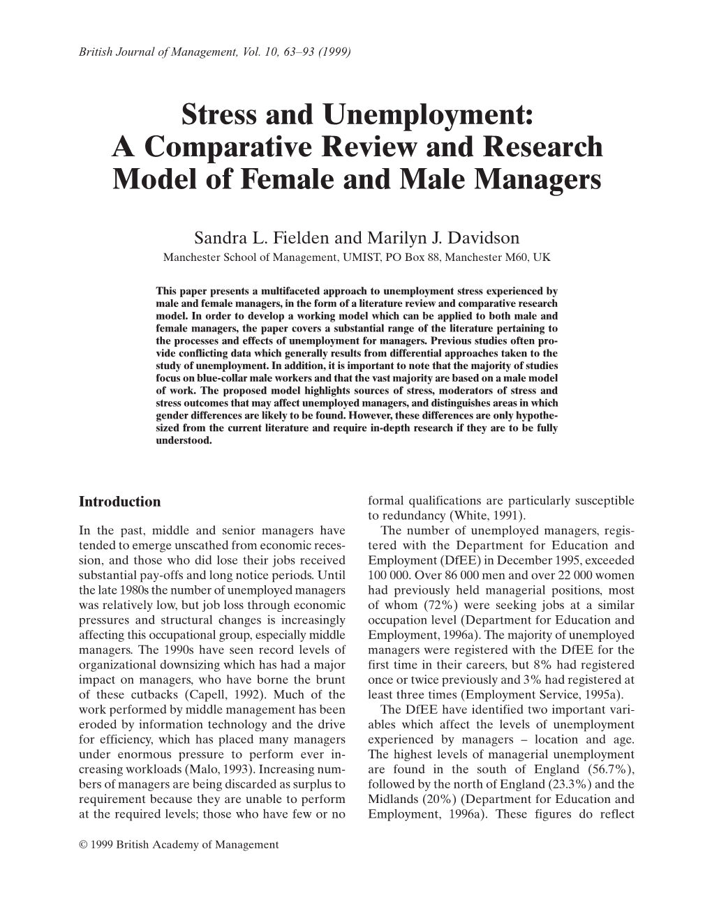 Stress and Unemployment: a Comparative Review and Research Model of Female and Male Managers