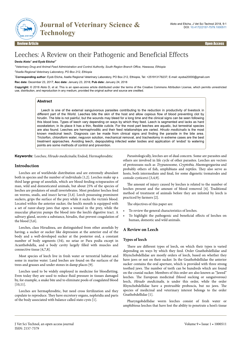 Leeches: a Review on Their Pathogenic and Beneficial Effects