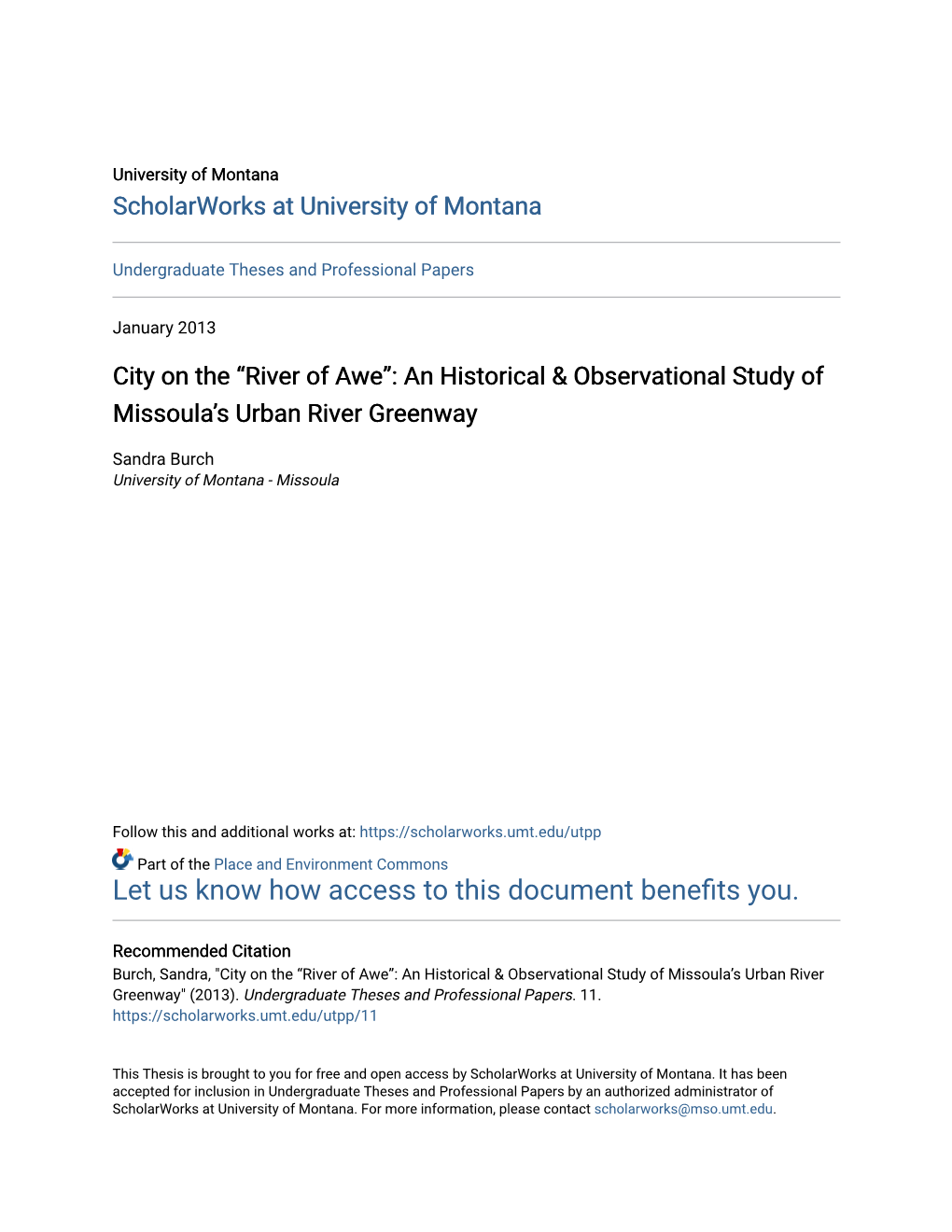 An Historical & Observational Study of Missoula's Urban River Greenway