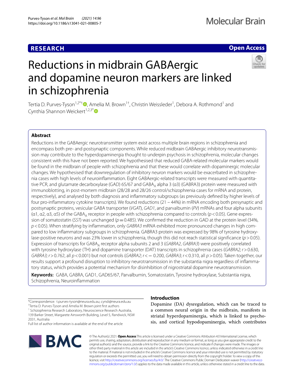 Reductions in Midbrain Gabaergic and Dopamine Neuron Markers Are Linked in Schizophrenia Tertia D