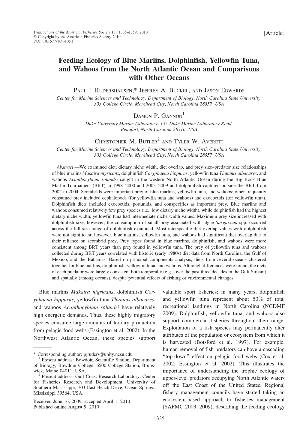 Feeding Ecology of Blue Marlins, Dolphinfish, Yellowfin Tuna, and Wahoos from the North Atlantic Ocean and Comparisons with Other Oceans