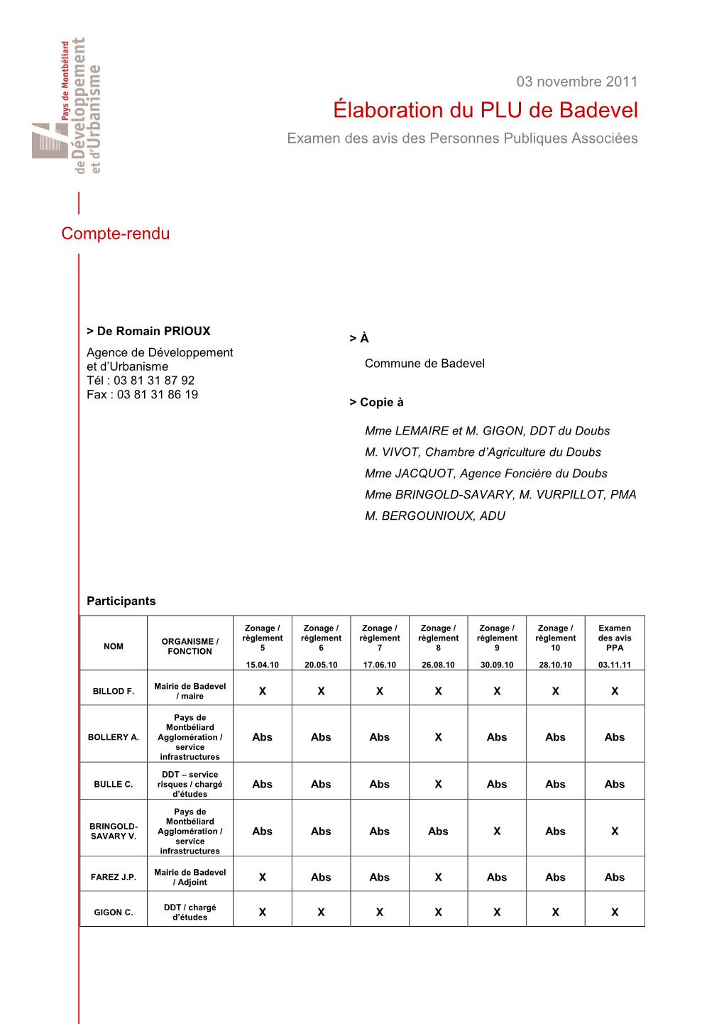 Élaboration Du PLU De Badevel Examen Des Avis Des Personnes Publiques Associées