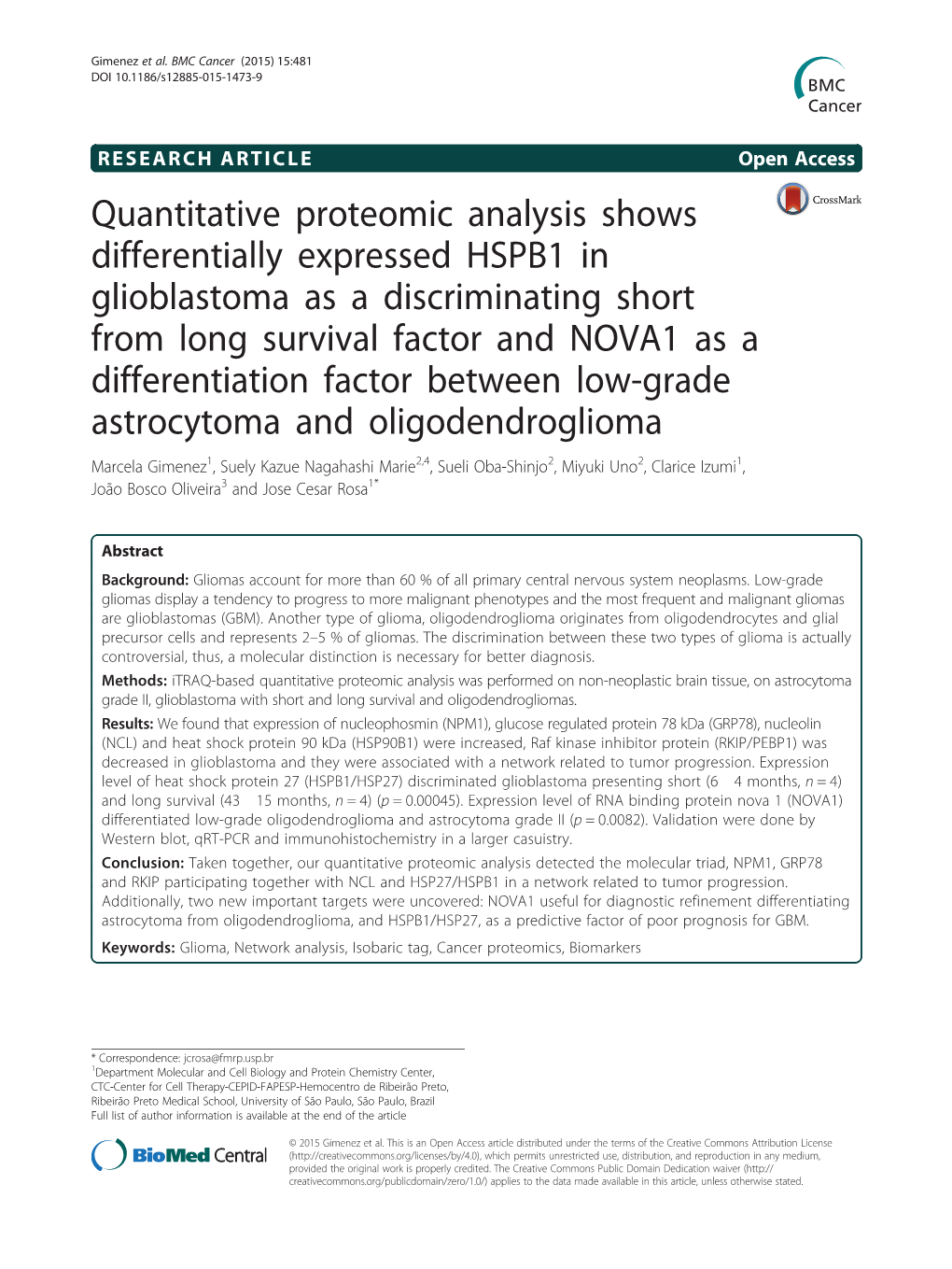 Quantitative Proteomic Analysis Shows Differentially Expressed HSPB1 In