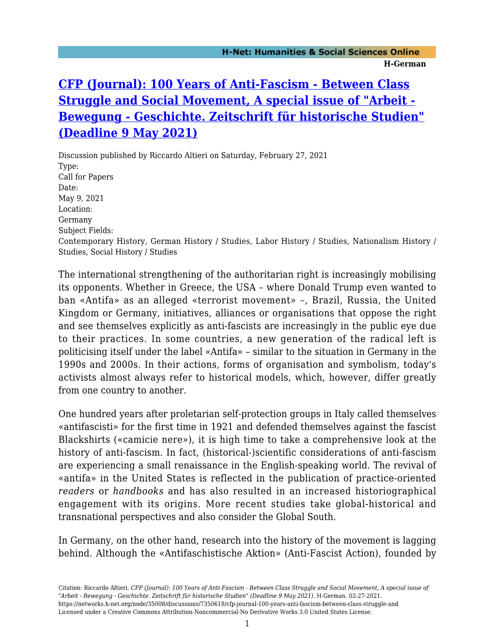 CFP (Journal): 100 Years of Anti-Fascism - Between Class Struggle and Social Movement, a Special Issue of 