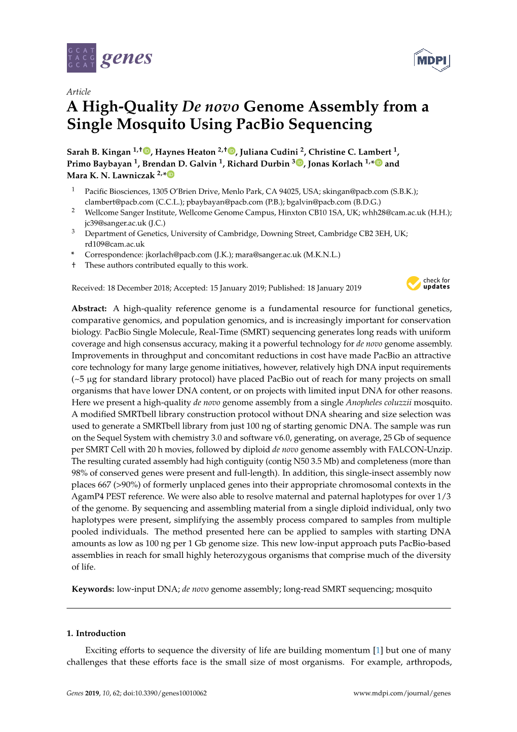 A High-Quality De Novo Genome Assembly from a Single Mosquito Using Pacbio Sequencing
