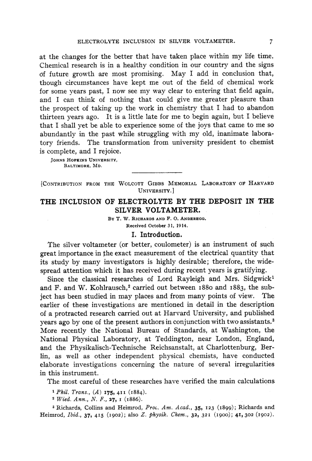 The Inclusion of Electrolyte by the Deposit in the Silver Voltameter