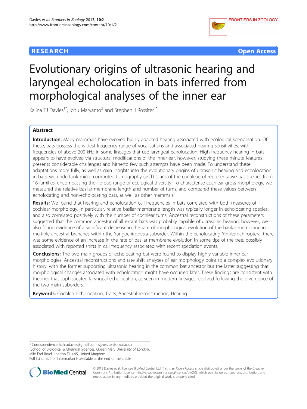 Evolutionary Origins of Ultrasonic Hearing and Laryngeal Echolocation