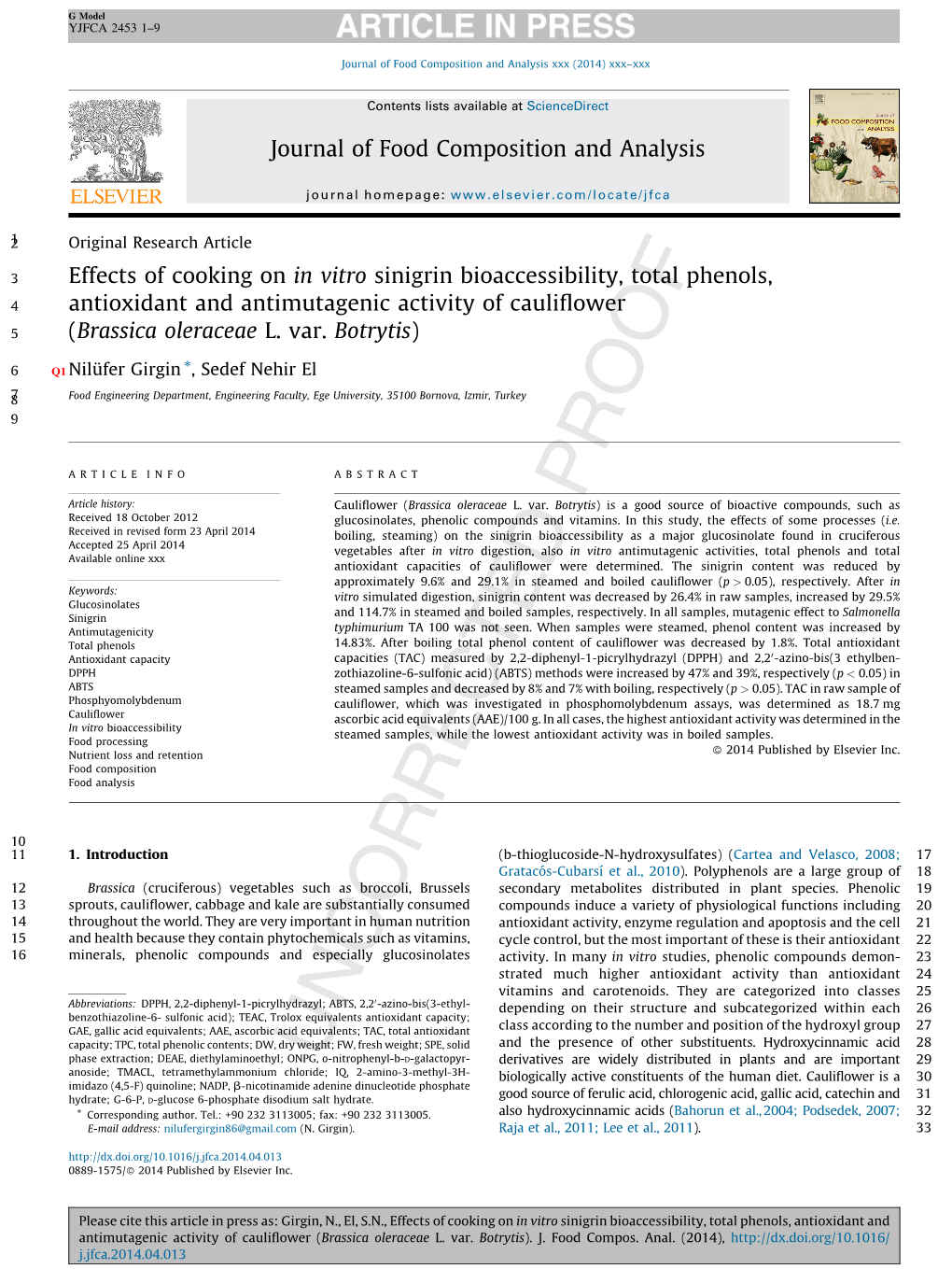 Effects of Cooking on in Vitro Sinigrin Bioaccessibility, Total Phenols