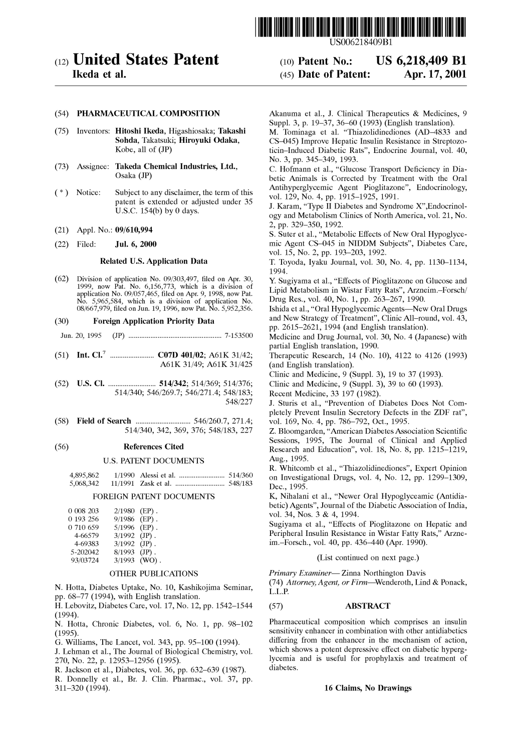 (12) United States Patent (10) Patent No.: US 6,218,409 B1 Ikeda Et Al