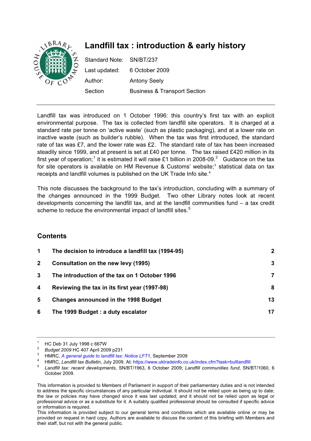 Landfill Tax : Introduction & Early History