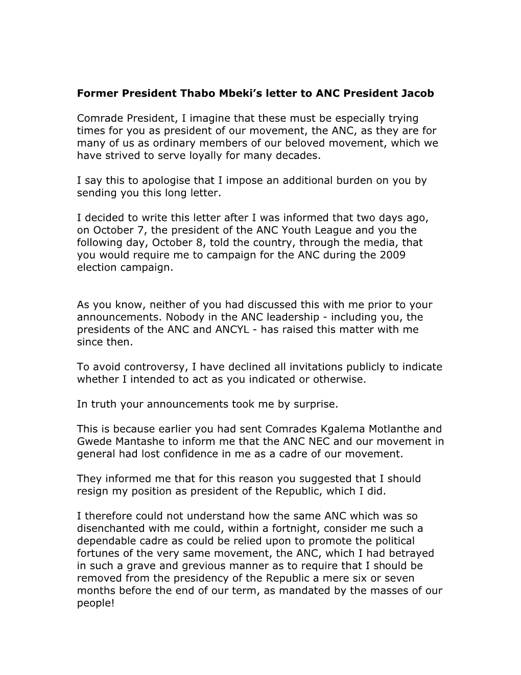 Former President Thabo Mbeki's Letter to ANC President Jacob Zuma