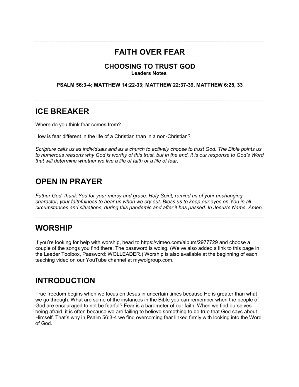 Faith Over Fear Ice Breaker Open in Prayer Worship Introduction