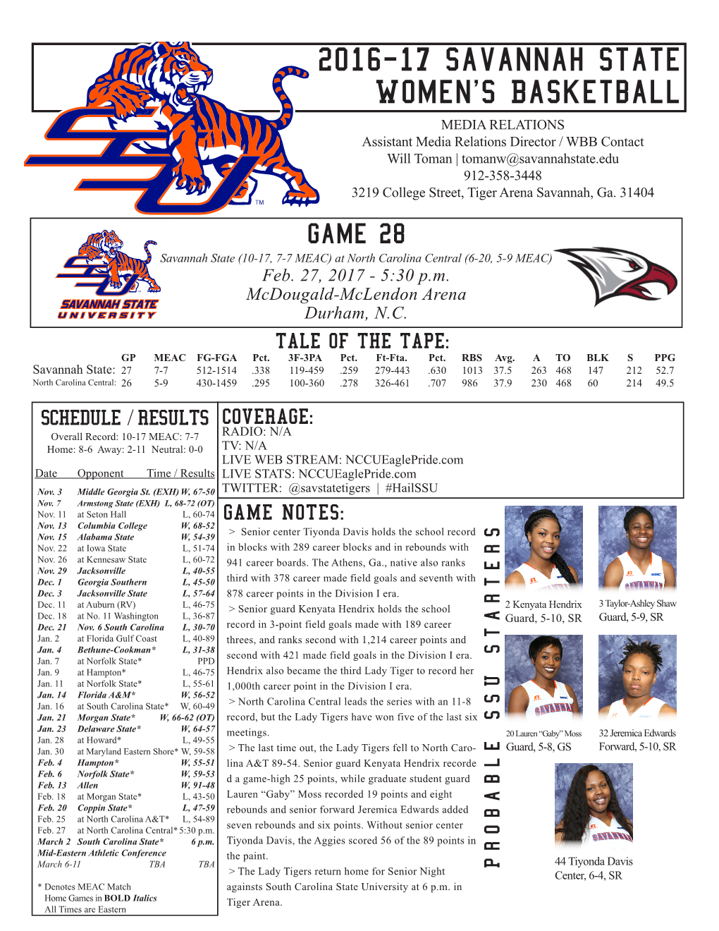 2016-17 Savannah State Women's Basketball