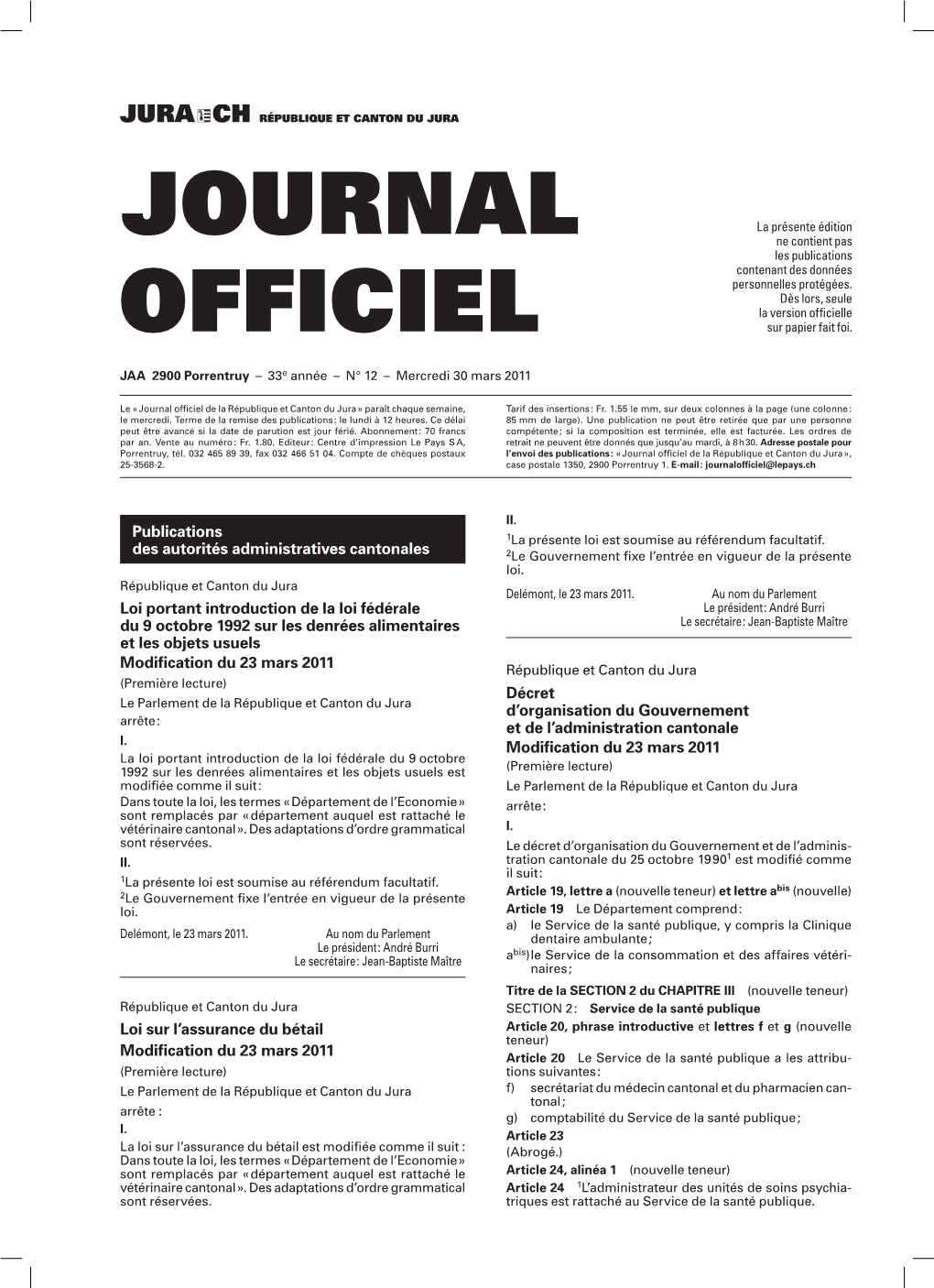 Journal Officiel De La République Et Canton Du Jura » Paraît Chaque Semaine, Tarif Des Insertions : Fr