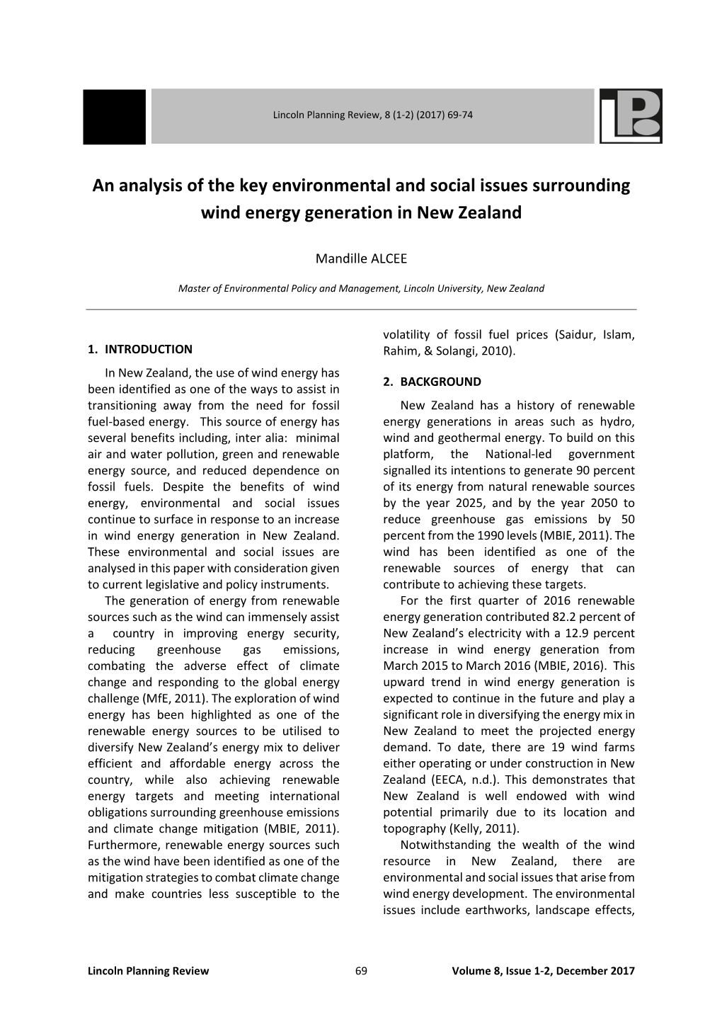 An Analysis of the Key Environmental and Social Issues Surrounding Wind Energy Generation in New Zealand