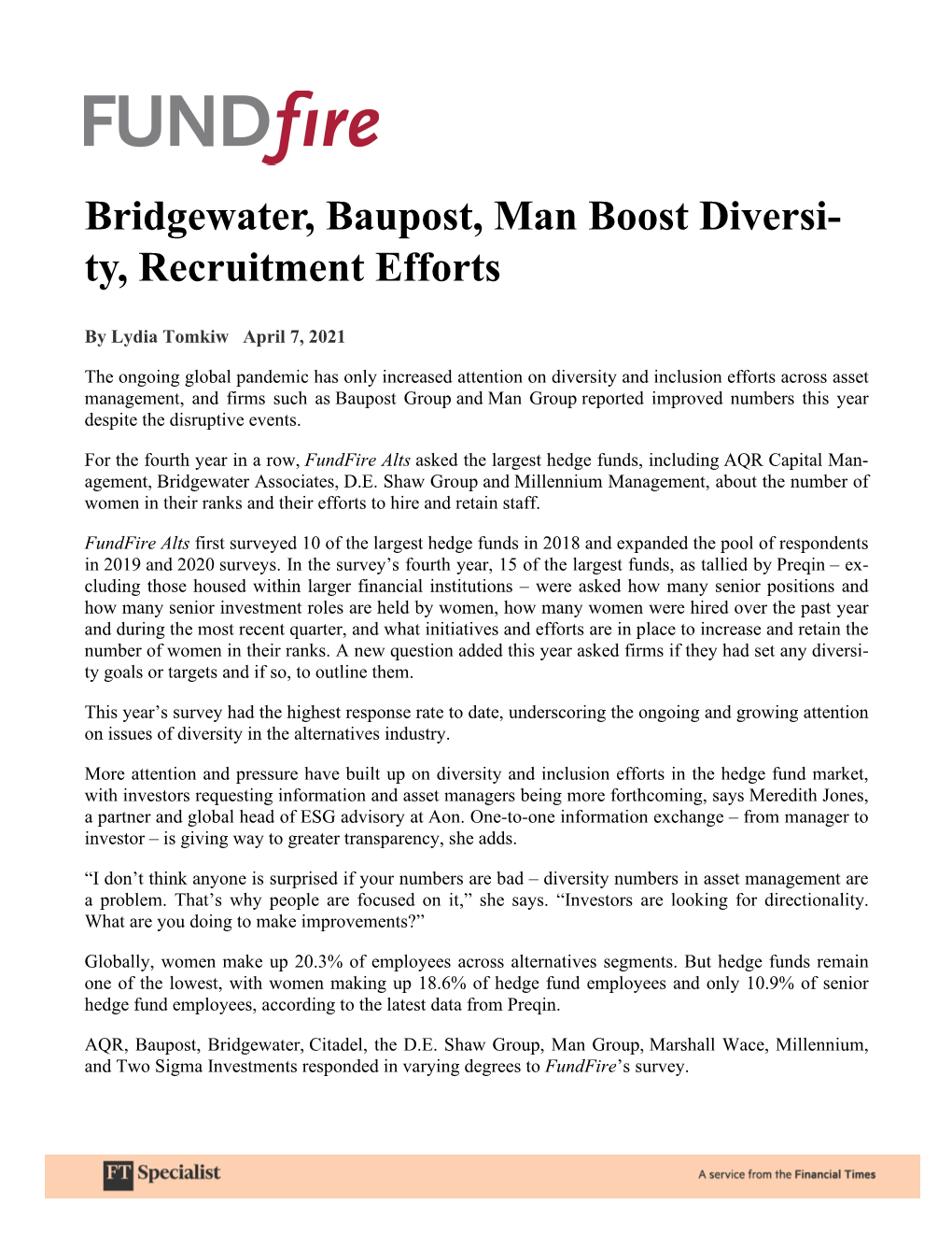 Bridgewater, Baupost, Man Boost Diversi- Ty, Recruitment Efforts