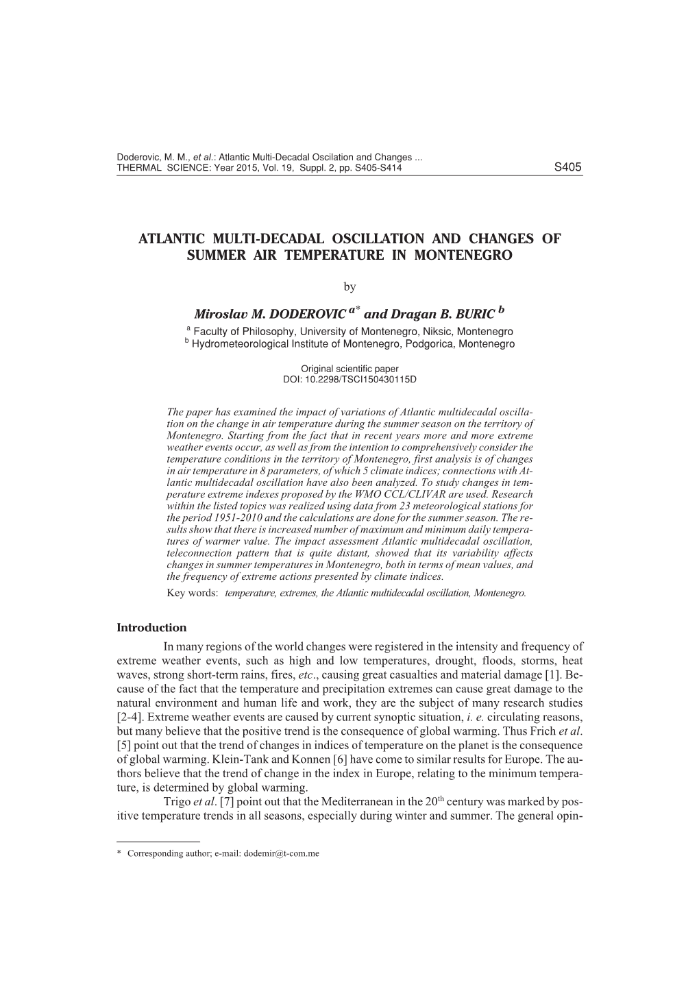 Atlantic Multi-Decadal Oscillation and Changes of Summer Air Temperature in Montenegro